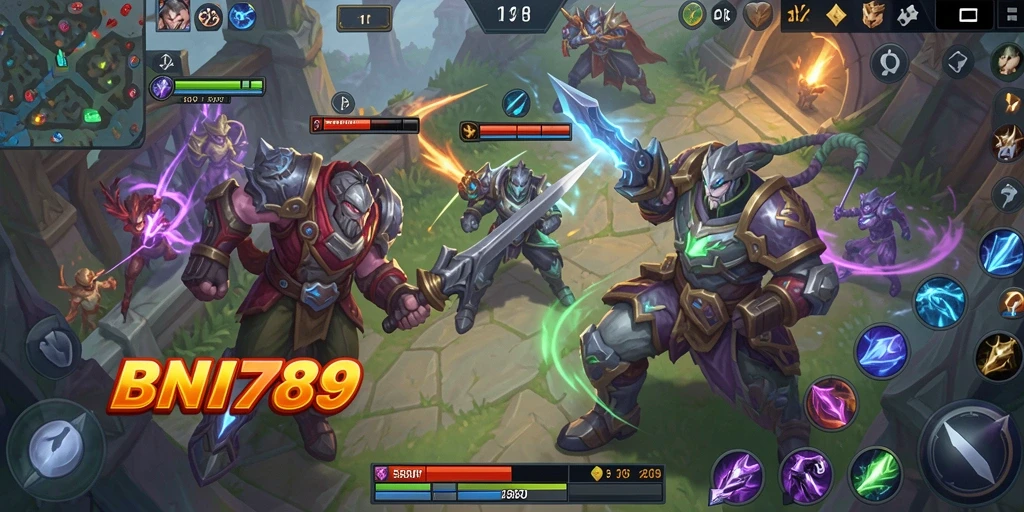 Screenshot menampilkan pertempuran seru dalam game MOBA BNI789.