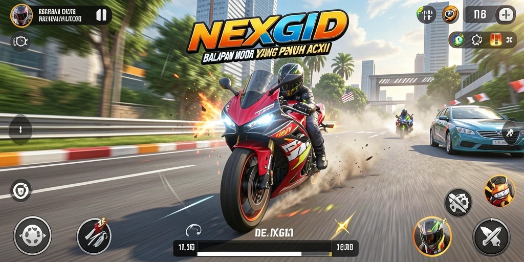 Screenshot gameplay NEXGID menampilkan balapan motor yang seru dan cepat.