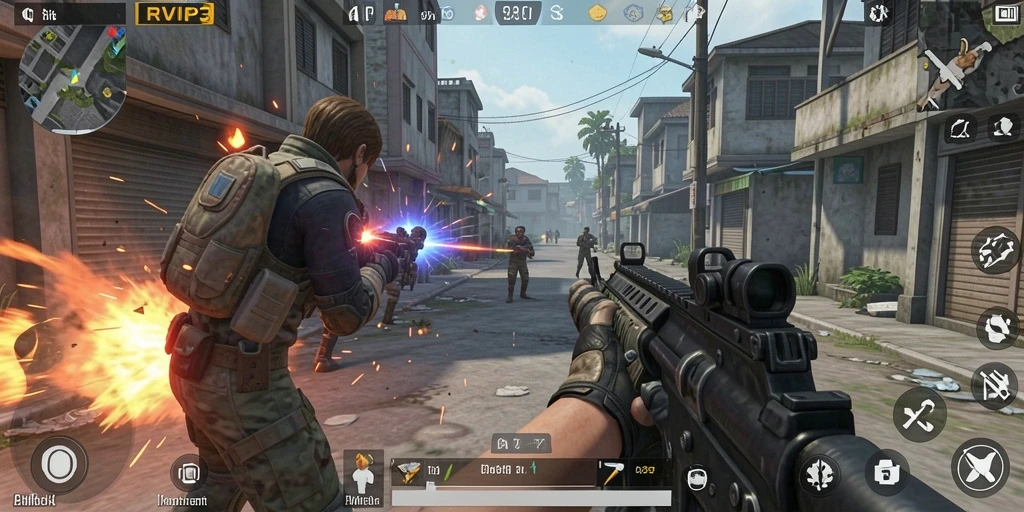 Tampilan penuh aksi dalam permainan FPS RVIP3 yang mendebarkan.